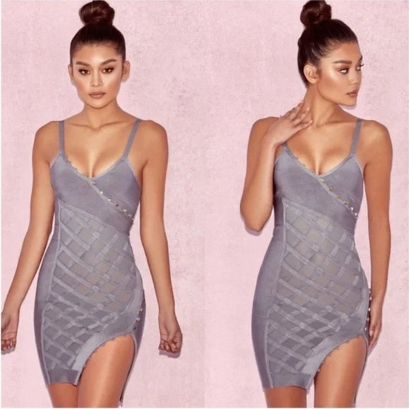House of CB Dresses & Skirts - HOUSE OF CB Gloria Mock Wrap Bandage Dress Mini Bodycon Gray - Size Medium